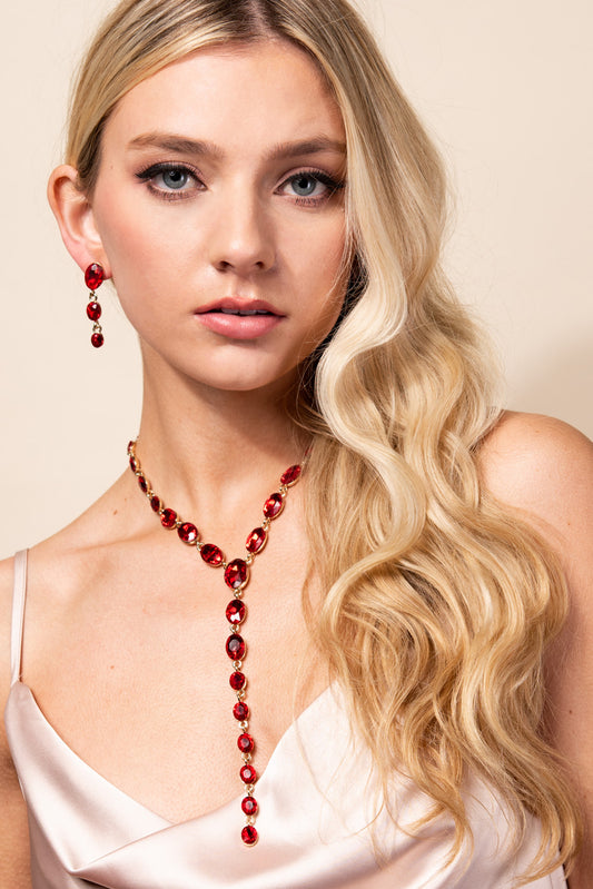 Vienna Oval Rhinestone Y Drop Necklace & Earring Set | Red