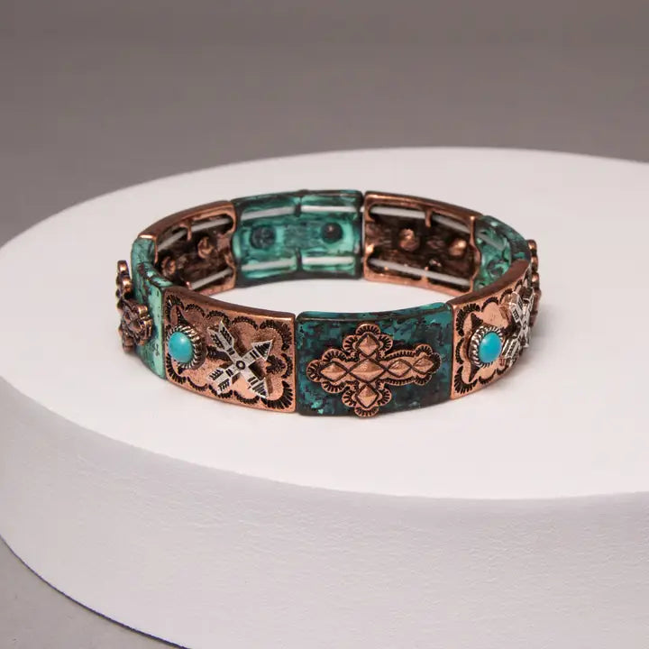 Willow Western Turquoise and Copper Cross Stretch Bracelet