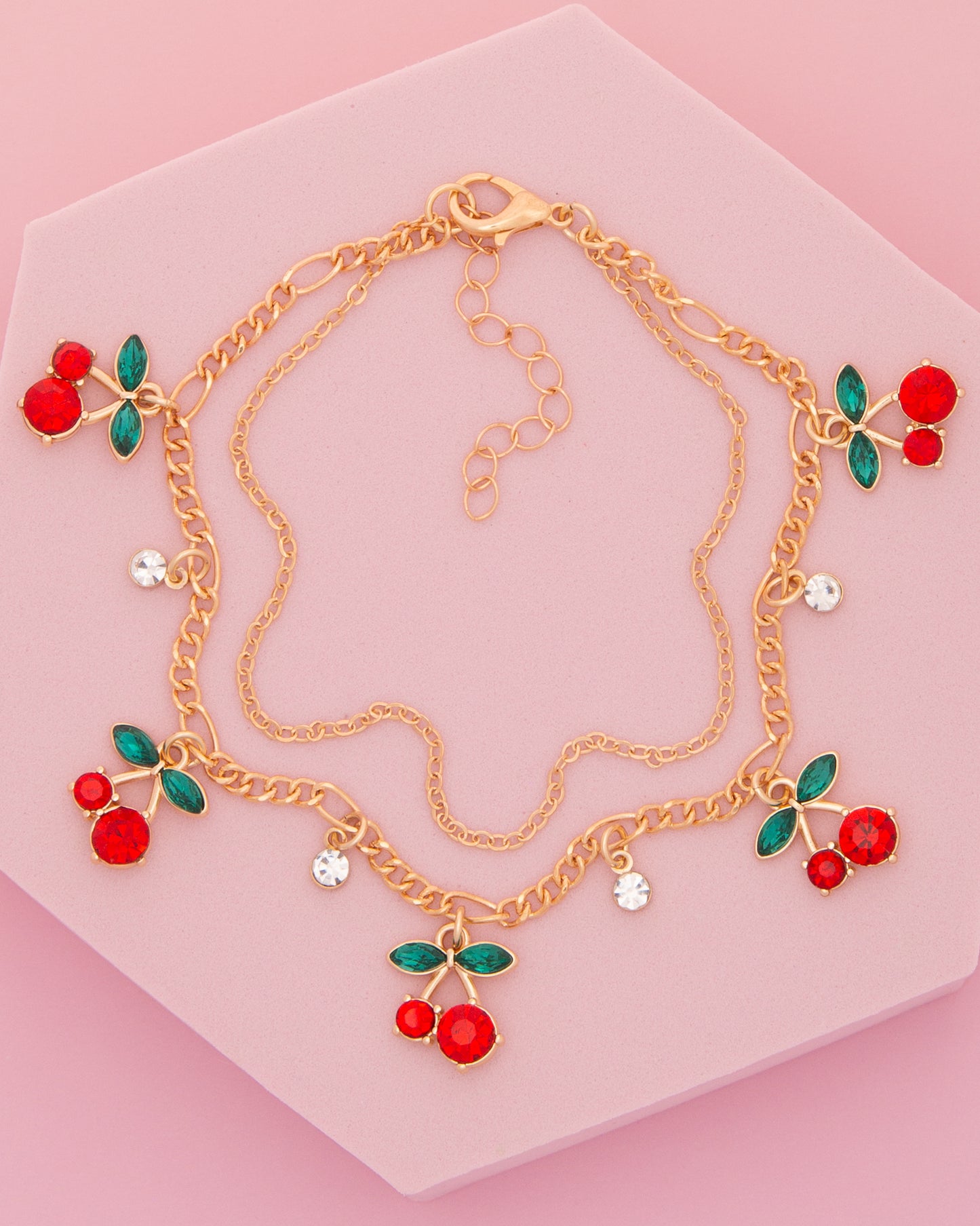 Ayla Red and Green Crystal Embellished Cherry Charm Anklet