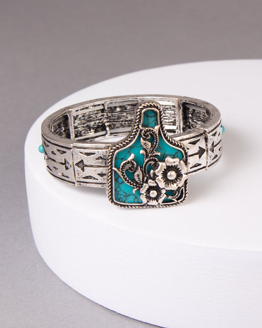 Anastasia Western Colored Turquoise Floral Cattle Tag Stretch Bracelet | Turquoise