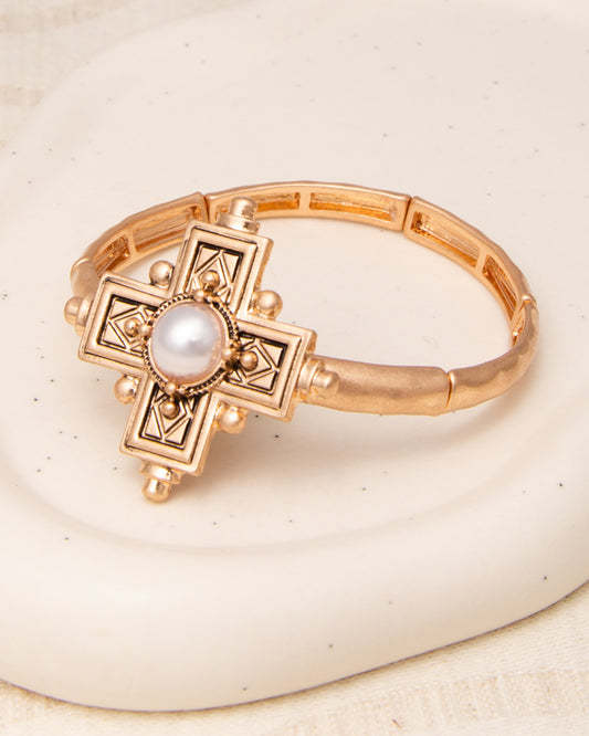 June Pearl Orthodox Greek Cross Stretch Bangle Bracelet | Gold