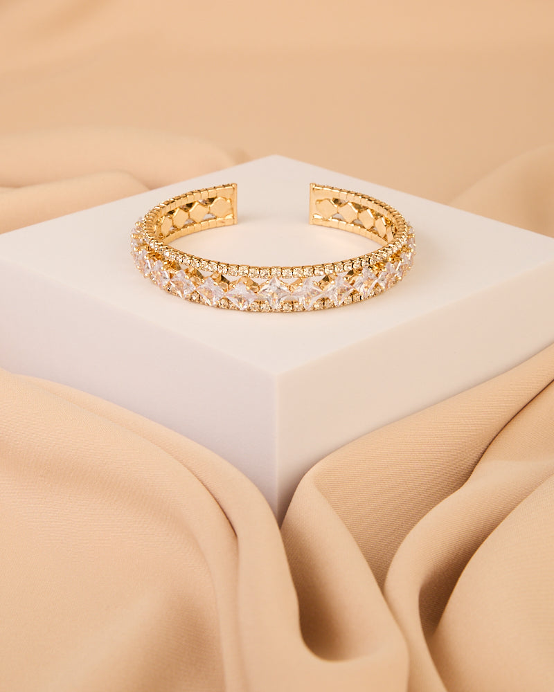 Helen Rhinestone Embellished Princess Cut Cuff Bracelet | Gold