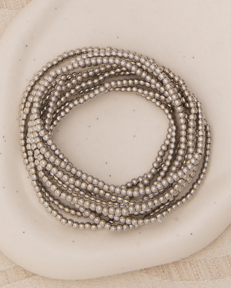 Clare Metallic Crimp Bead Stretch Bracelet Stack | Silver