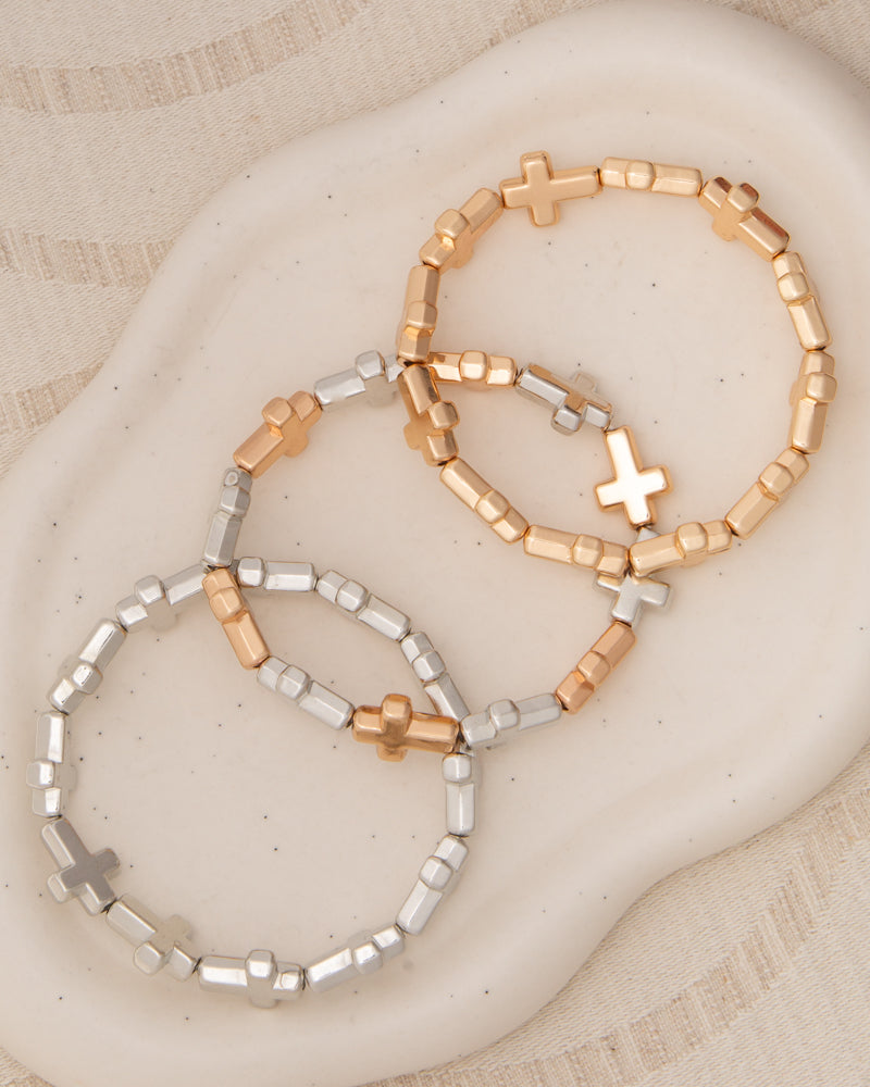 Jazmine Polished Metallic Cross Bead Stretch Bracelet