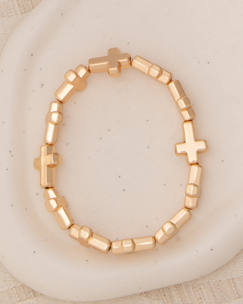 Jazmine Polished Metallic Cross Bead Stretch Bracelet | Gold