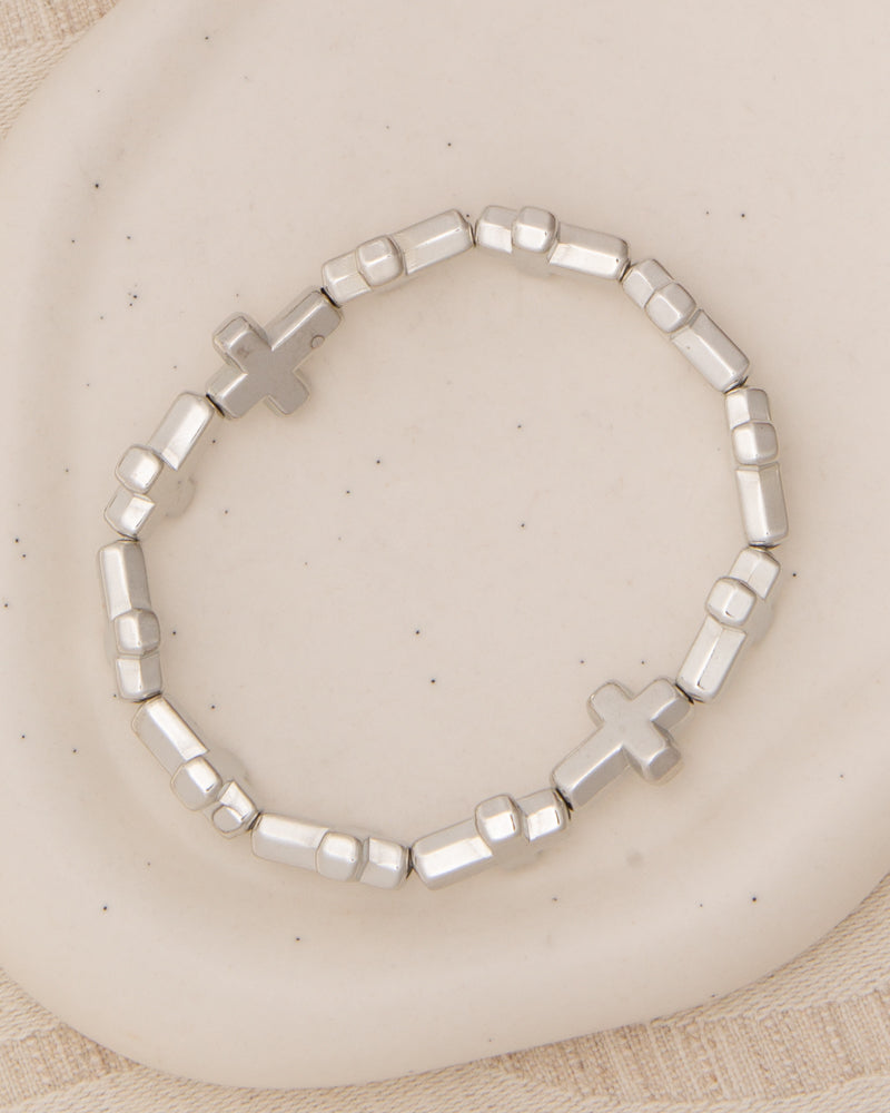Jazmine Polished Metallic Cross Bead Stretch Bracelet