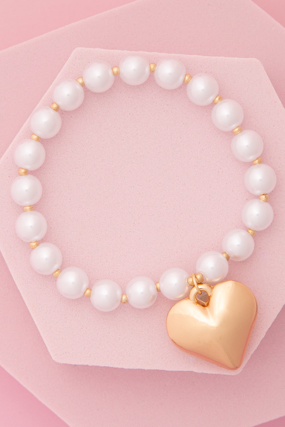 Luna Polished Puff Heart Charm Pearl Stretch Bracelet
