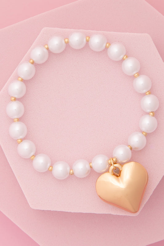 Luna Polished Puff Heart Charm Pearl Stretch Bracelet