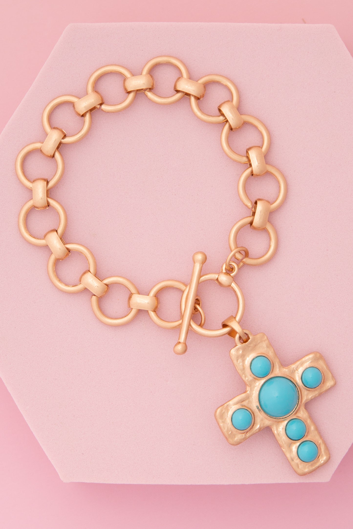 Camila Cross Charm Toggle Chain Bracelet with Pearl or Turquoise