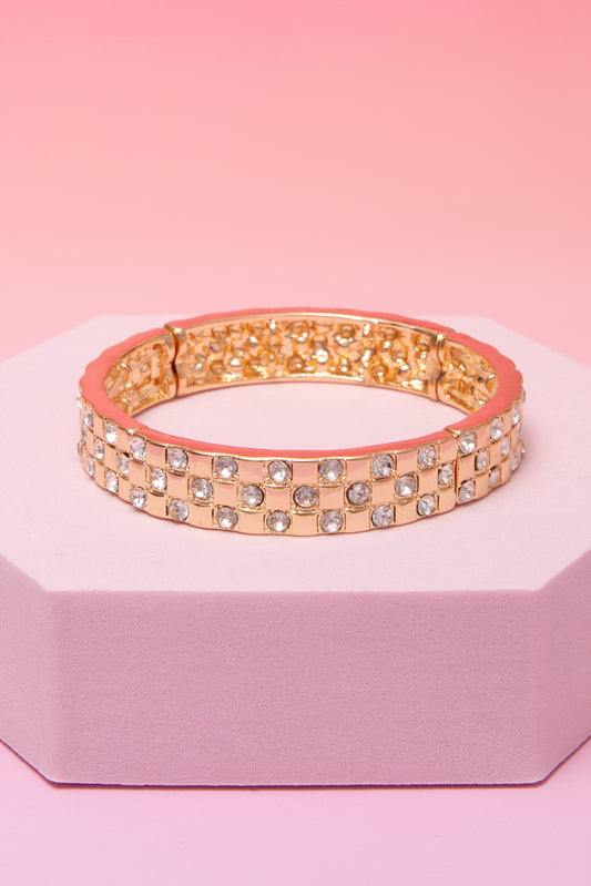 Alexandra Embellished Pavé Checker Pattern Stretch Bracelet | Gold