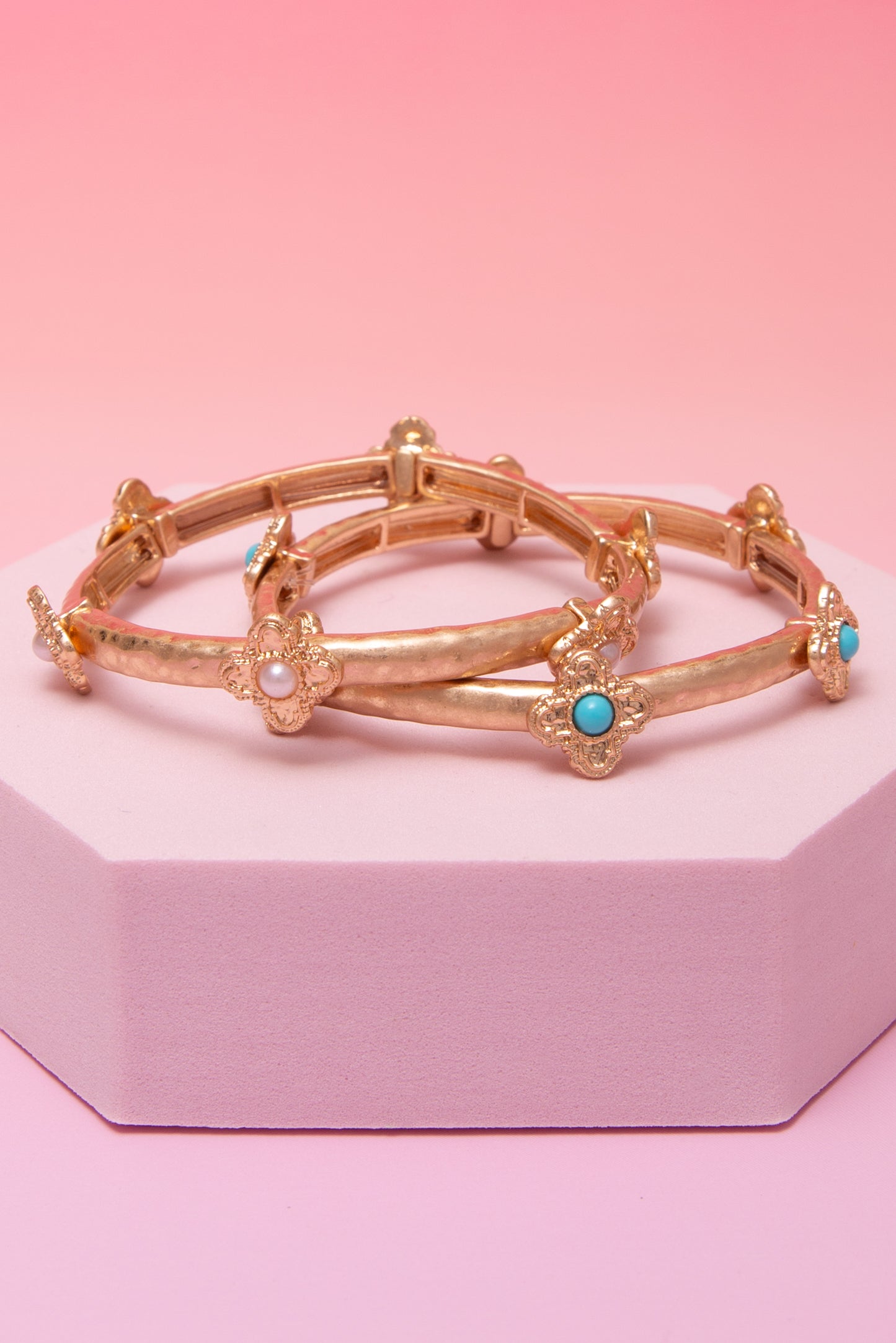 Olivia Pearl Ornate Cross Hammered Finish Stretch Bangle Bracelet