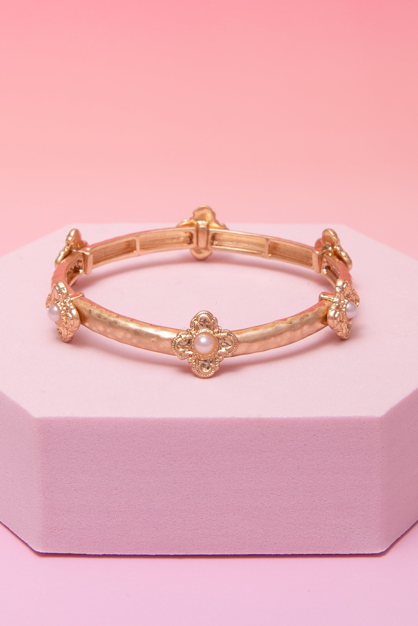Olivia Pearl Ornate Cross Hammered Finish Stretch Bangle Bracelet