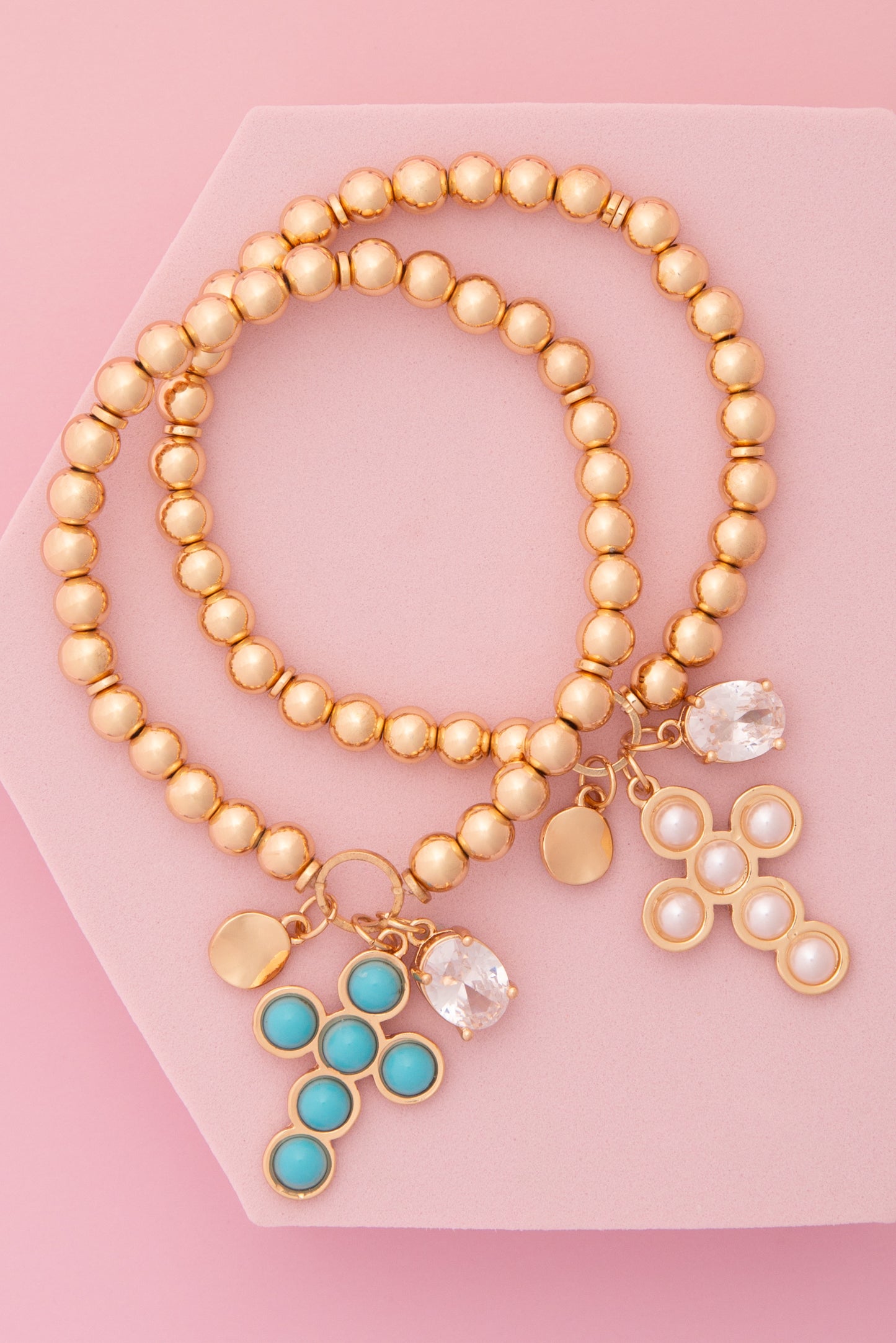 Penelope Turquoise / Pearl Bezel Cross Charm Beaded Bracelet