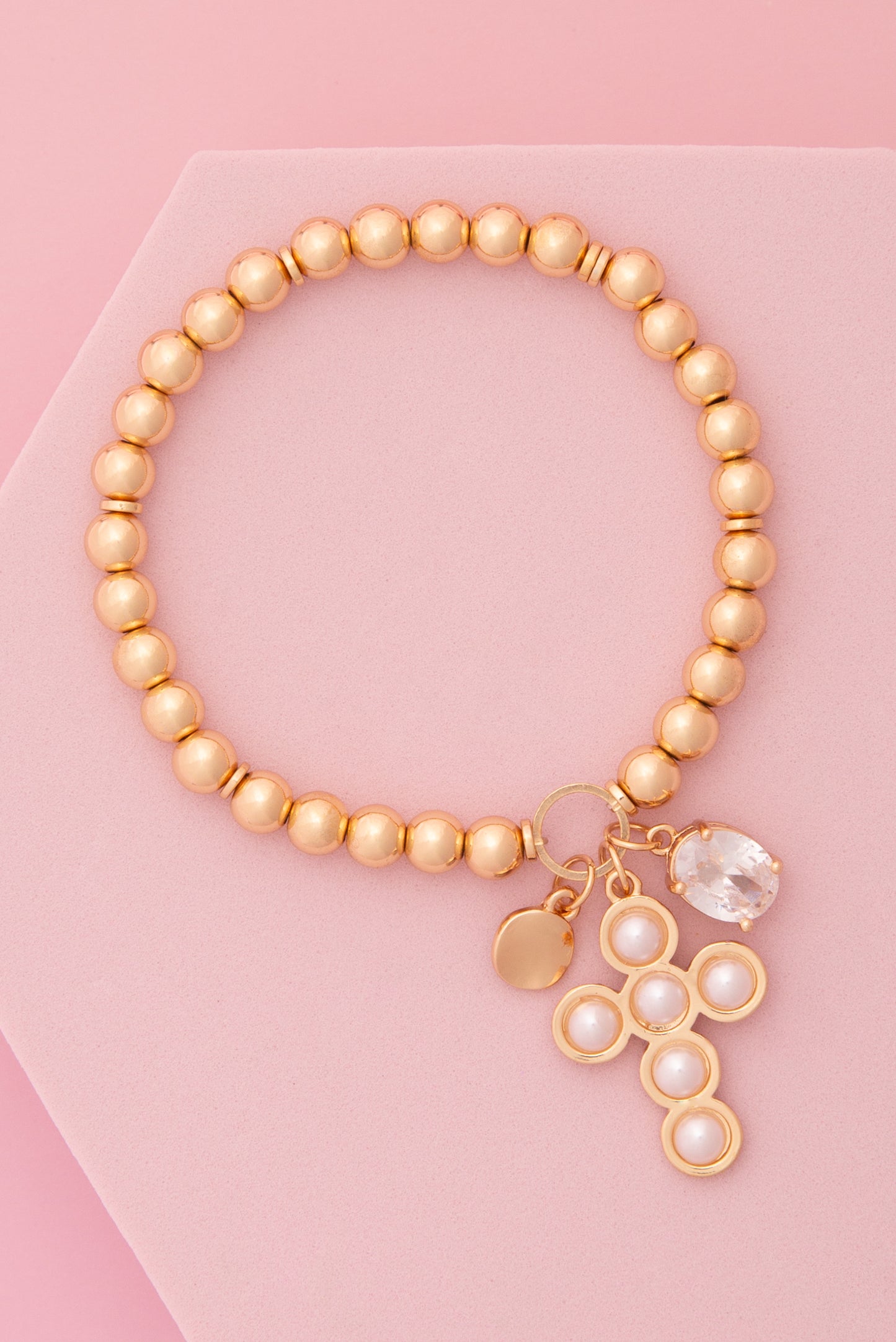 Penelope Turquoise / Pearl Bezel Cross Charm Beaded Bracelet | Pearl