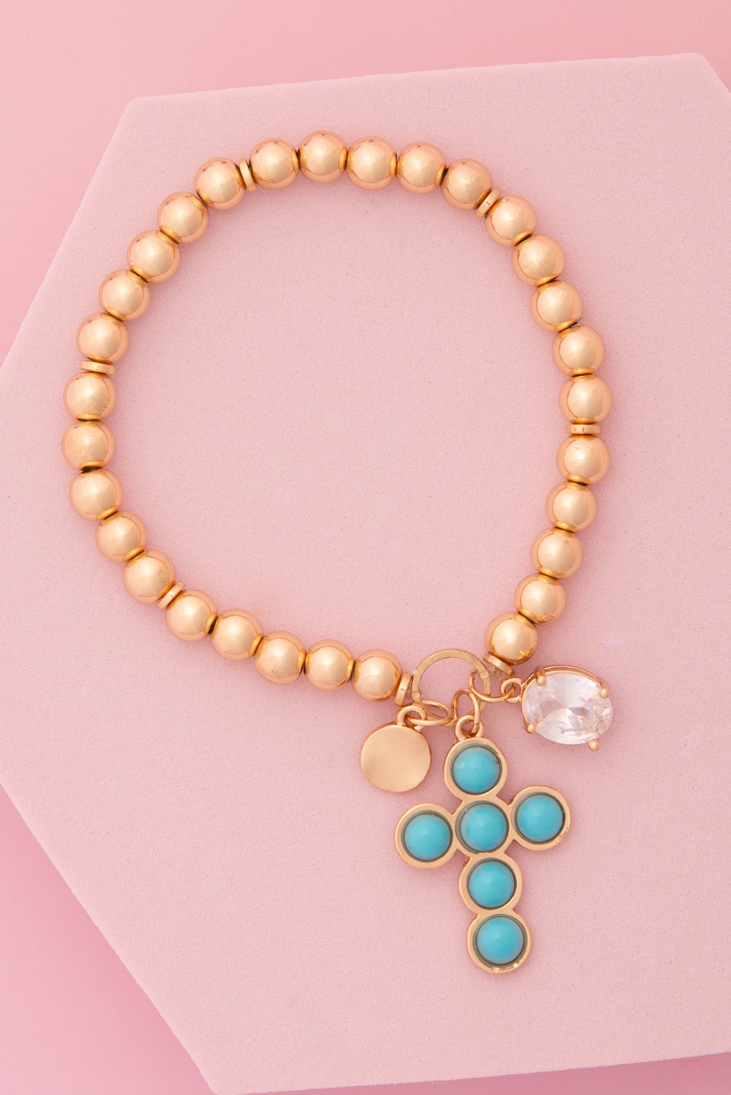 Penelope Turquoise / Pearl Bezel Cross Charm Beaded Bracelet