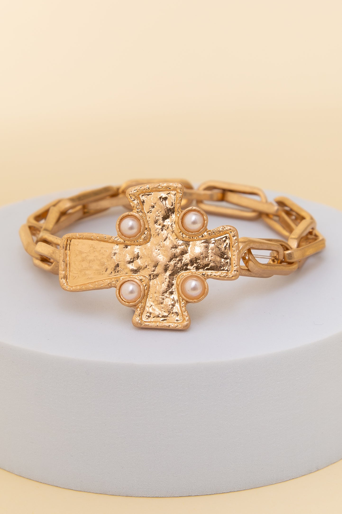 Chloe Pearl Embellished Cross Charm Chain Bracelet | Gold