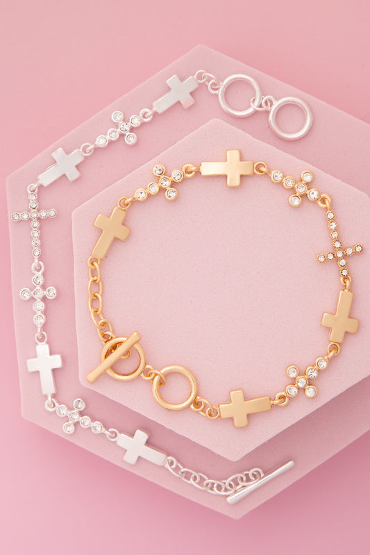 Mila Brushed Finish Crystal Embellished Interplay Cross Bracelet