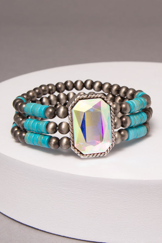 Maelynn Western Rhinestone Turquoise Embellished Beaded Bracelet | Iridescent