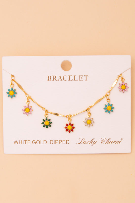 Cindy Polished Daisy Flower Charm Bracelet in Yellow Gold Plating | Multicolor