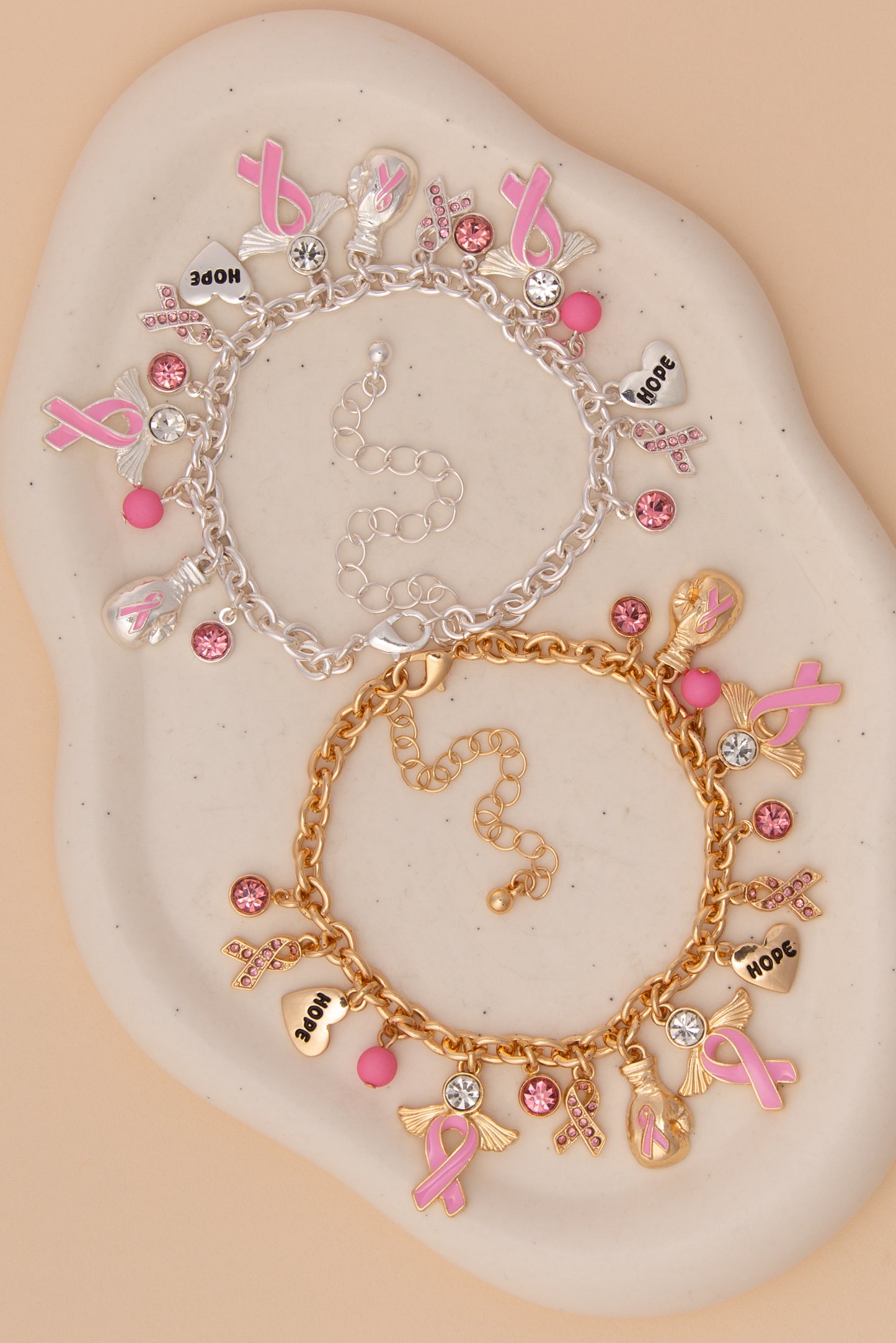 Audrey Breast Cancer Awareness Charm Bracelet with Pink Ribbons