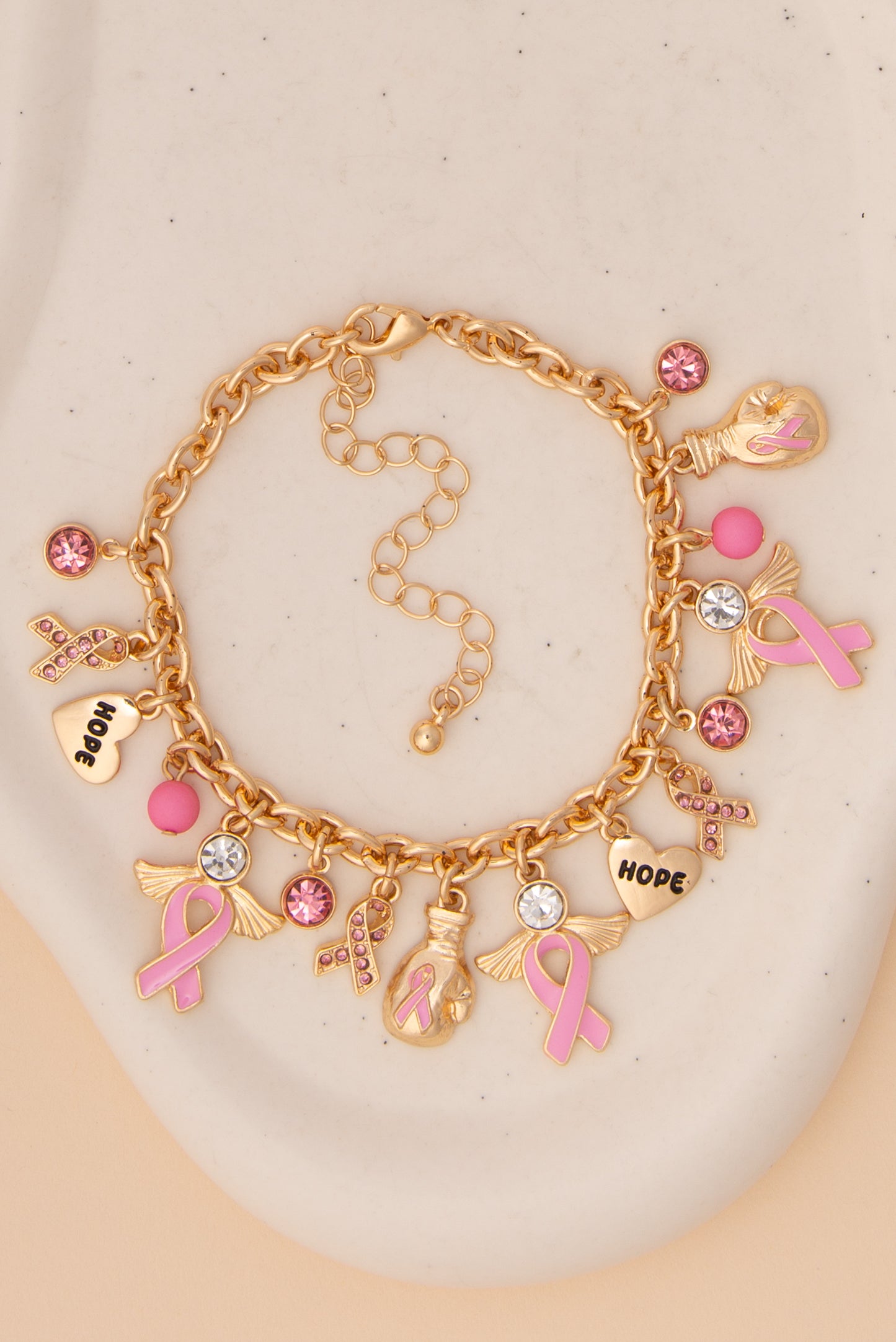 Audrey Breast Cancer Awareness Charm Bracelet with Pink Ribbons