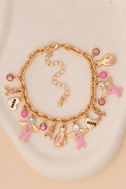 Audrey Breast Cancer Awareness Charm Bracelet with Pink Ribbons | Gold