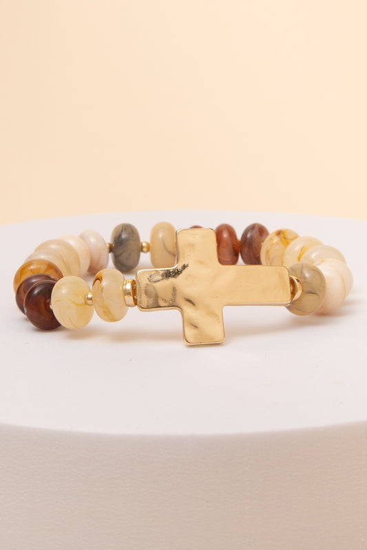 Emilia Multi-Color Marbled Glass Bead Stretch Bracelet | Beige
