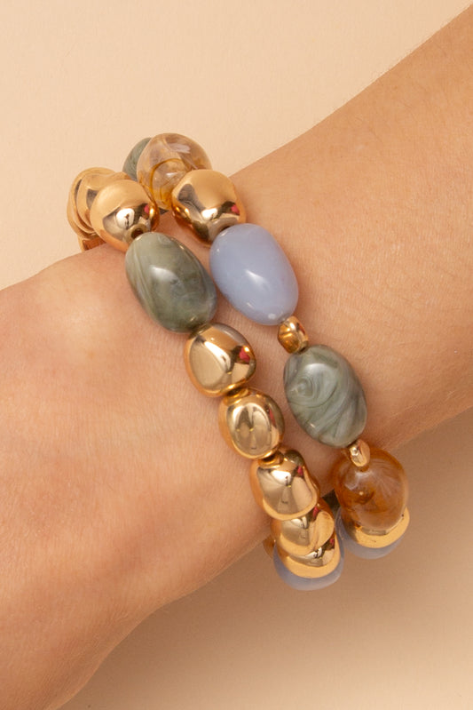 Eloise Marble Style and Gold Tone Oval Beaded Stretch Bracelet | Blue