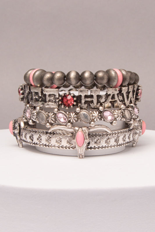 Hailey Western Yee Haw Stretch Bracelet Set with Beaded Bands | Pink