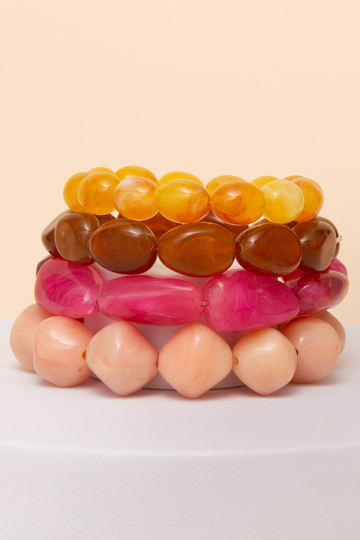 Kinsley 4 PC Multi Shape Marbled Stone Bead Stretch Bracelet Set | Fuchsia