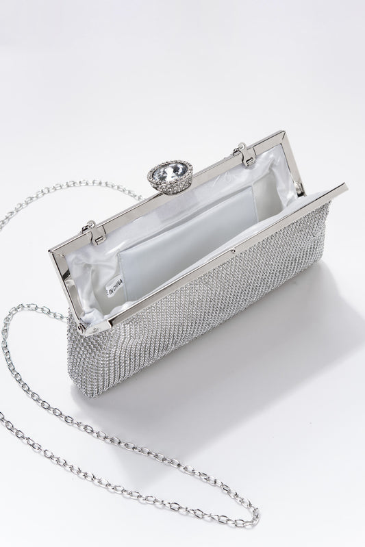 Jaime Rhinestone Clutch Bag with chain strap - Silver