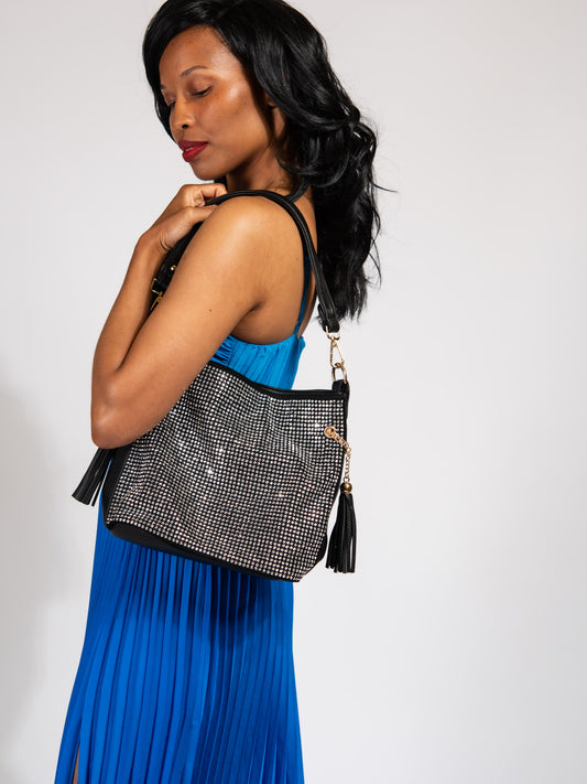 Adalyn Sparkling Rhinestone Hobo Bag | Black