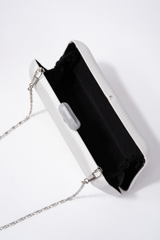 Kylie Textured Satin Evening Bag with Crossbody Chain - Silver