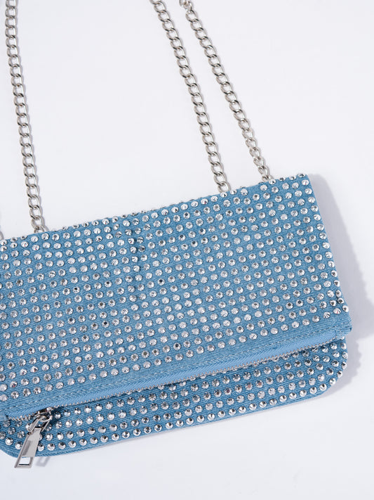 Ava Front Flap Sparkling Rhinestone Shoulder Bag | Denim