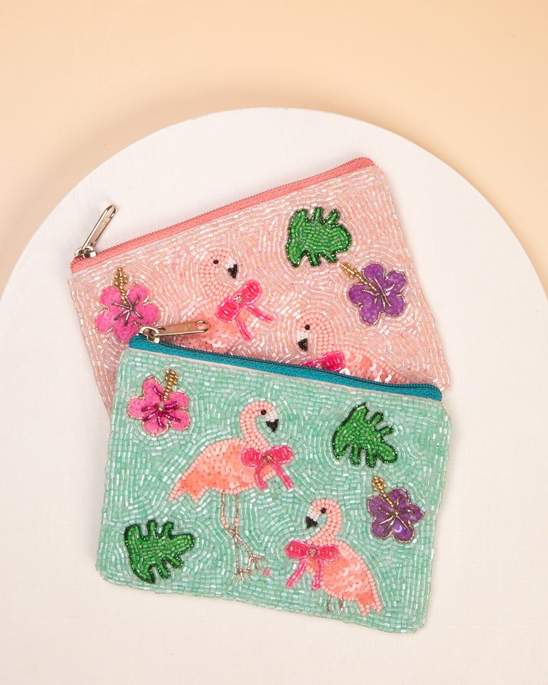 Bailey Summer Pink Flamingo Beaded Card Coin Bag with Zipper
