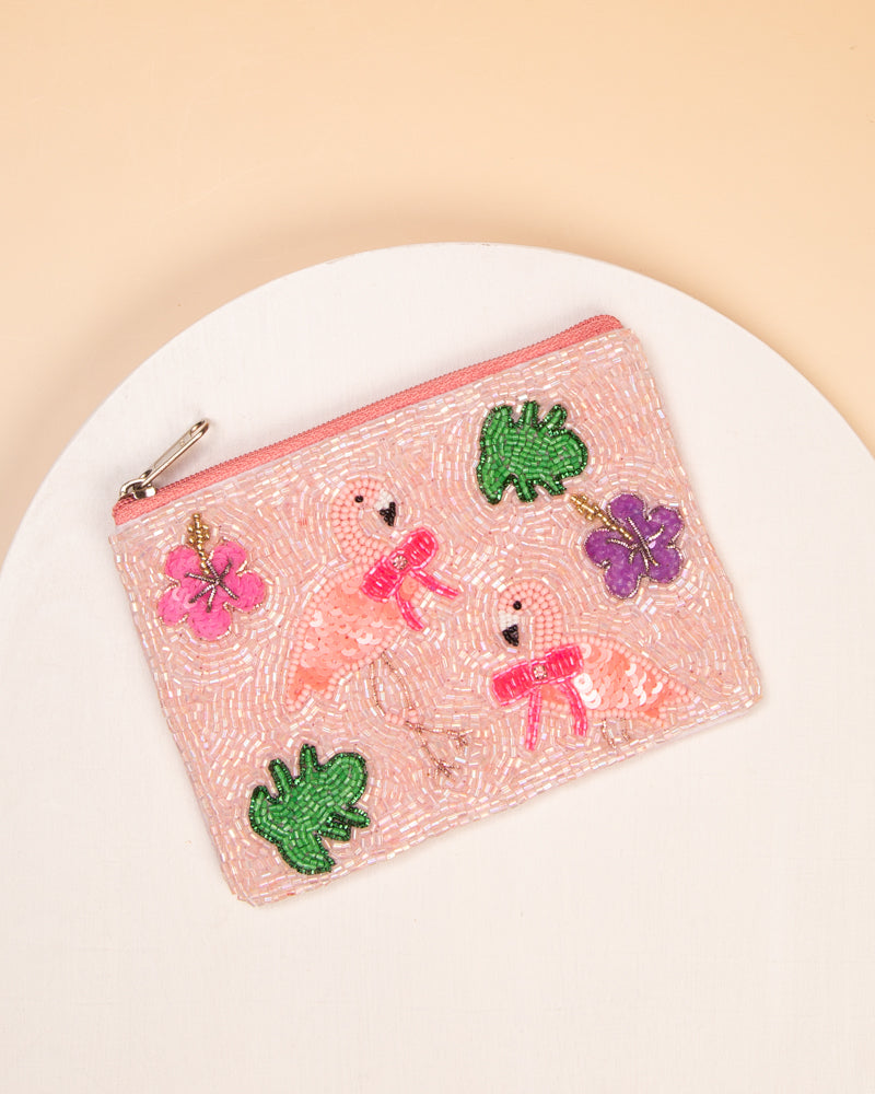Bailey Summer Pink Flamingo Beaded Card Coin Bag with Zipper