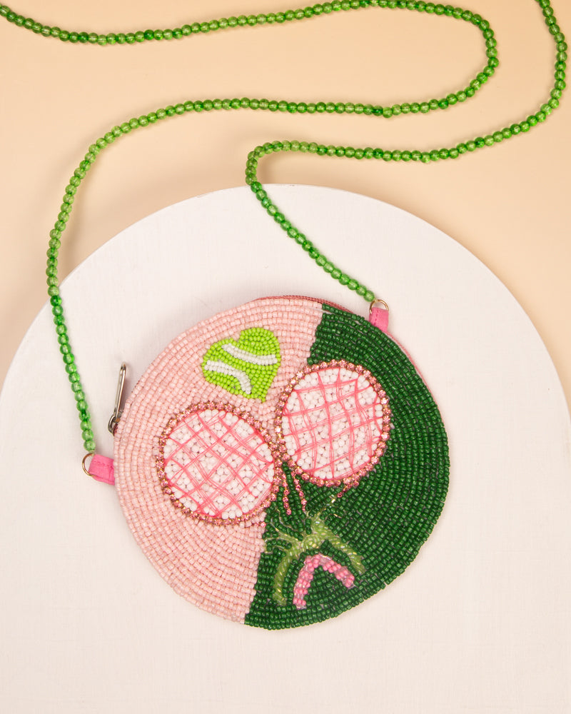 Myla Gameday Beaded Tennis Theme Round Crossbody bag with Zipper