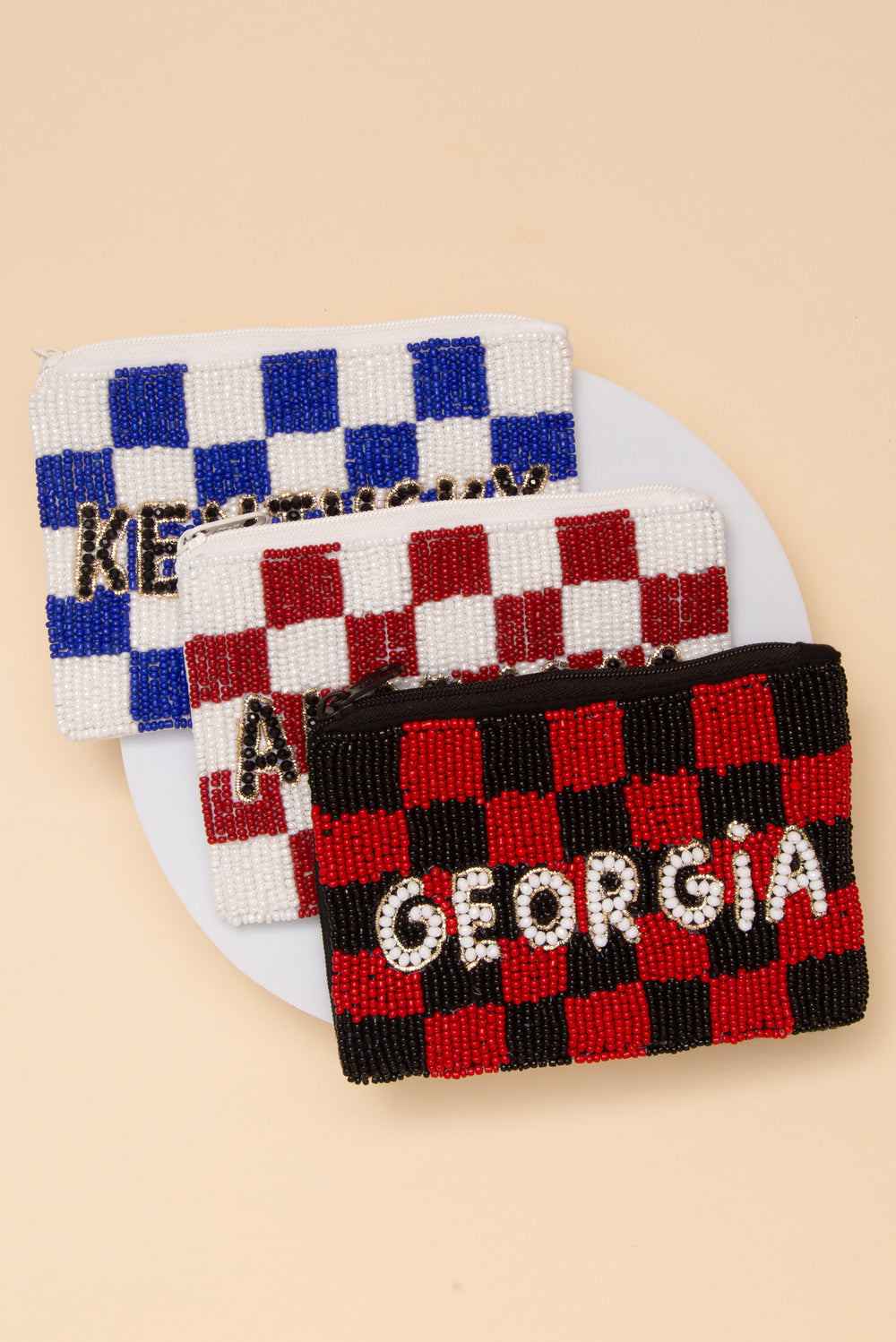 Alexandra Gameday Checkered Pattern State Name Seed Beaded Coin Bag