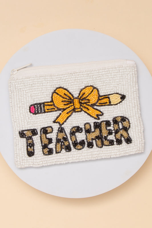 Samantha Teacher Yellow Number 2 Pencil Bow Seed Beaded Coin Bag