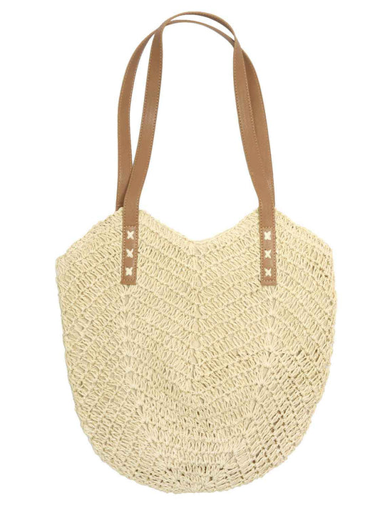 Ivy Straw Woven Shoulder Bag with Faux Leather Handles | Beige