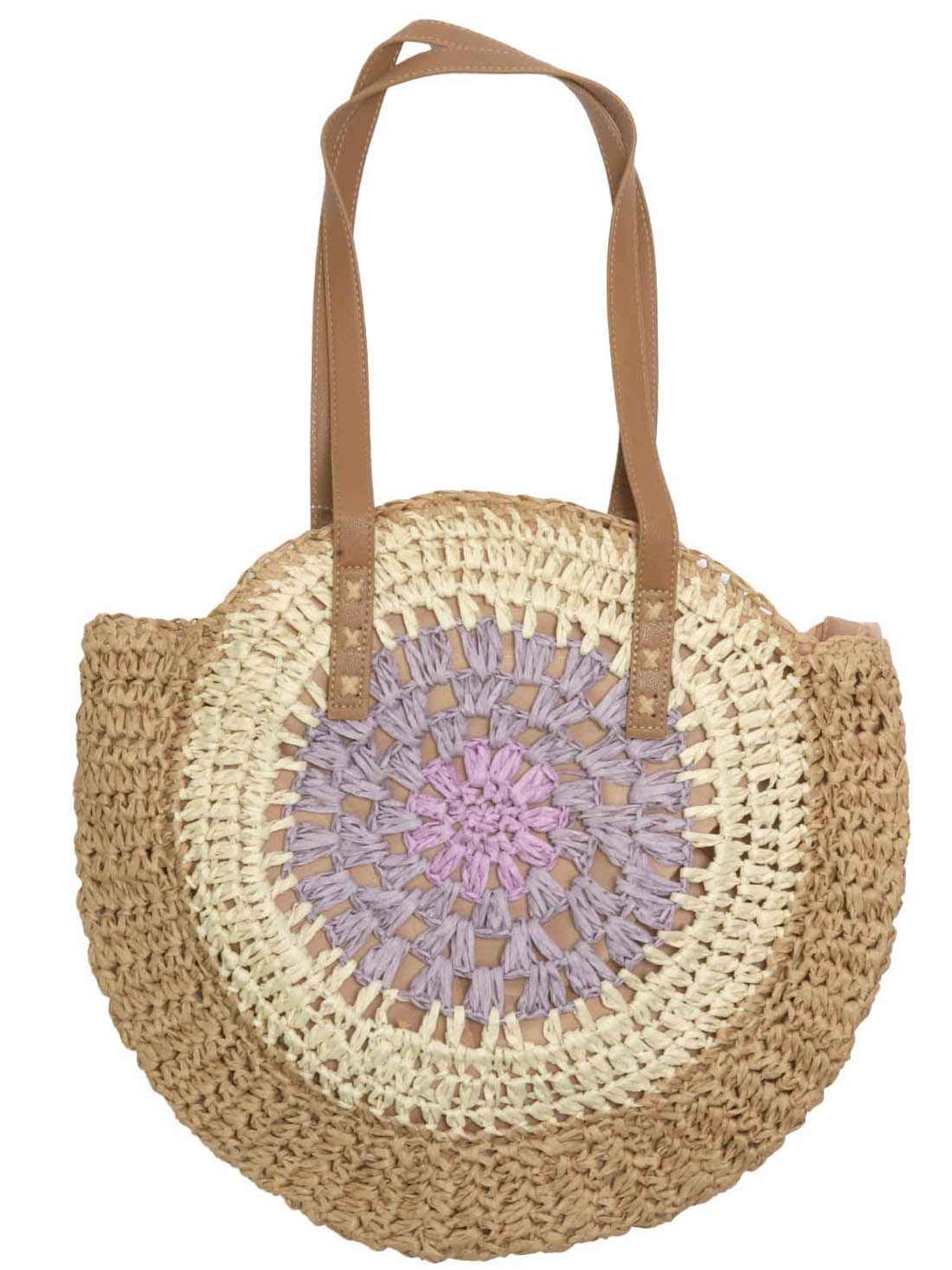 Mila Large Round Straw Patterned Woven Motif Shoulder Bag