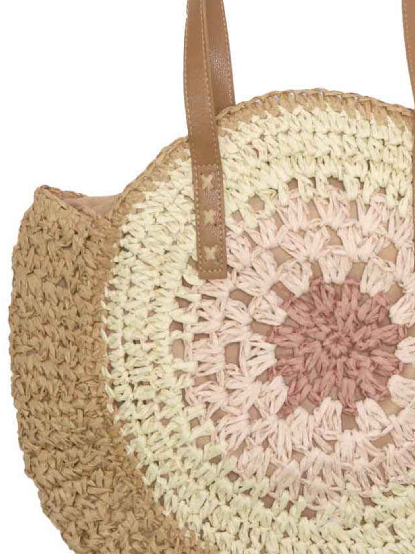 Mila Large Round Straw Patterned Woven Motif Shoulder Bag