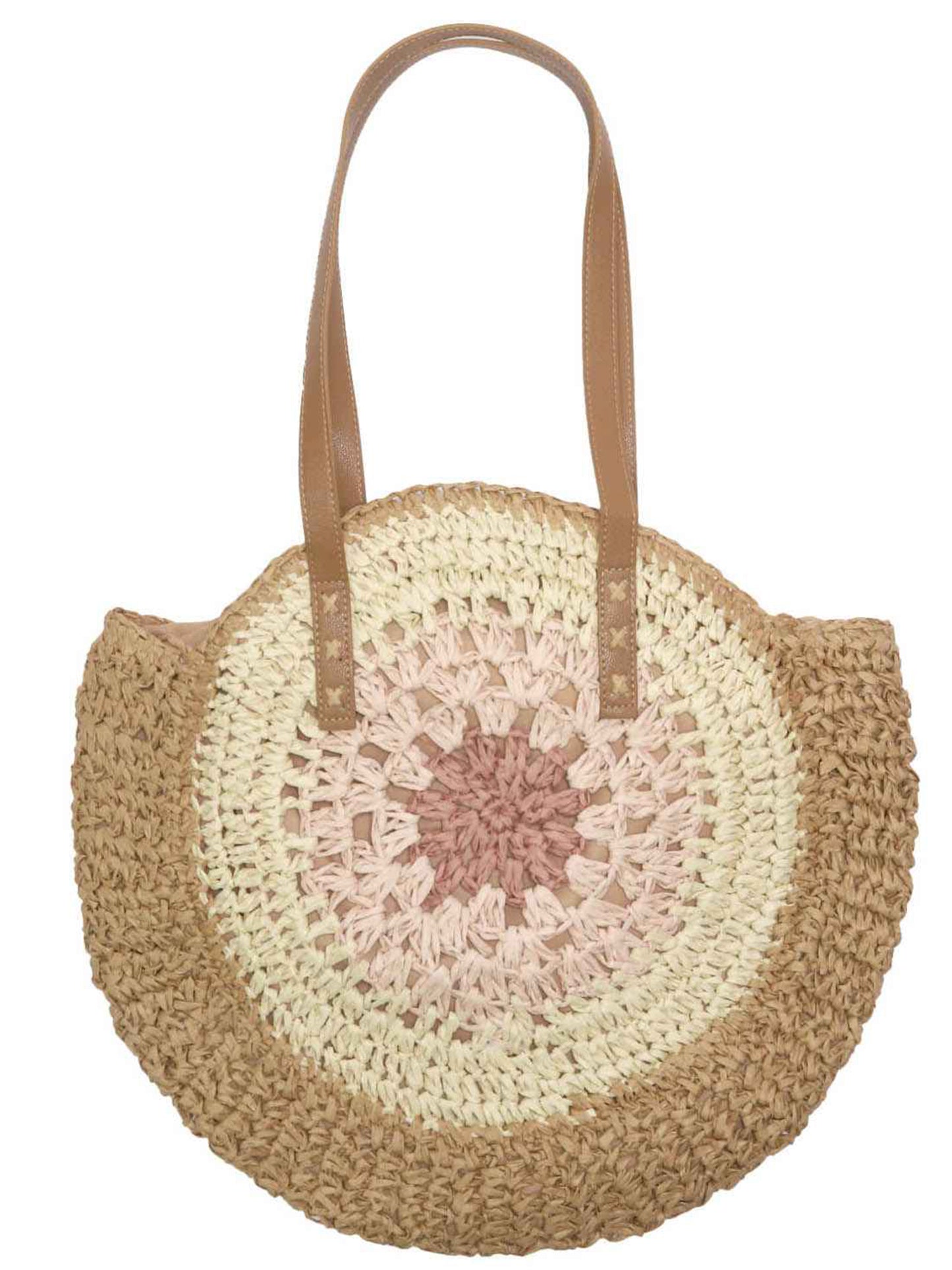 Mila Large Round Straw Patterned Woven Motif Shoulder Bag