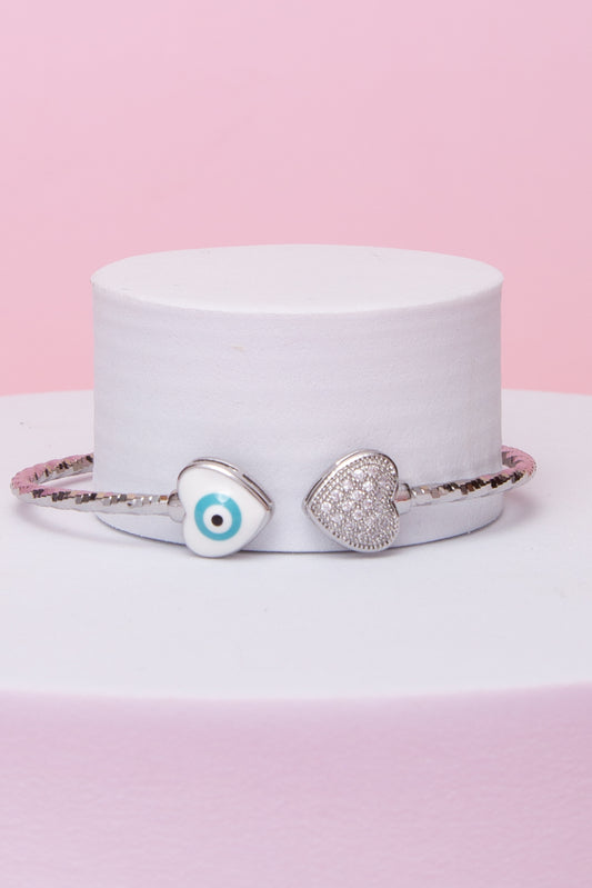 Isabel Open Cuff Bangle with Enamel Evil Eye Heart | Silver