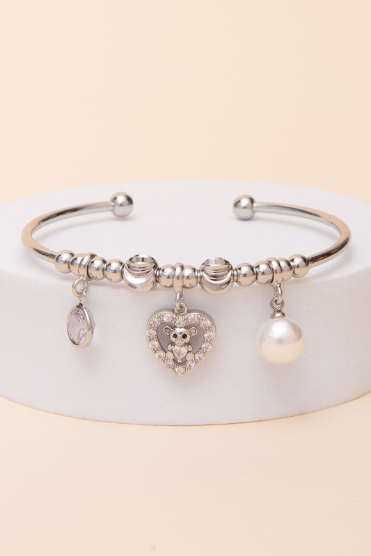 Annabelle Cubic Zirconia Bear Heart Charm Pearl Drop Cuff Bracelet