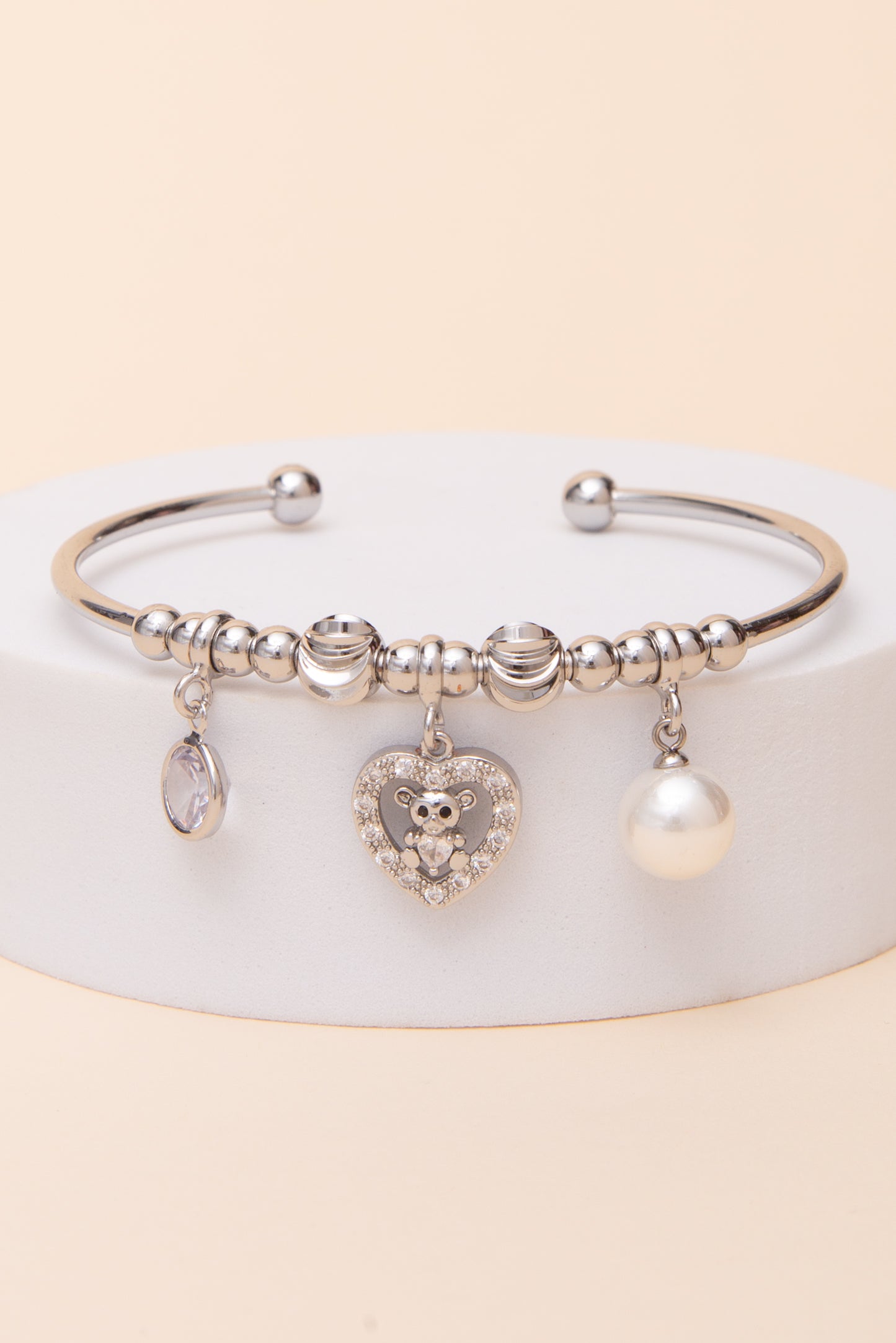 Annabelle Cubic Zirconia Bear Heart Charm Pearl Drop Cuff Bracelet
