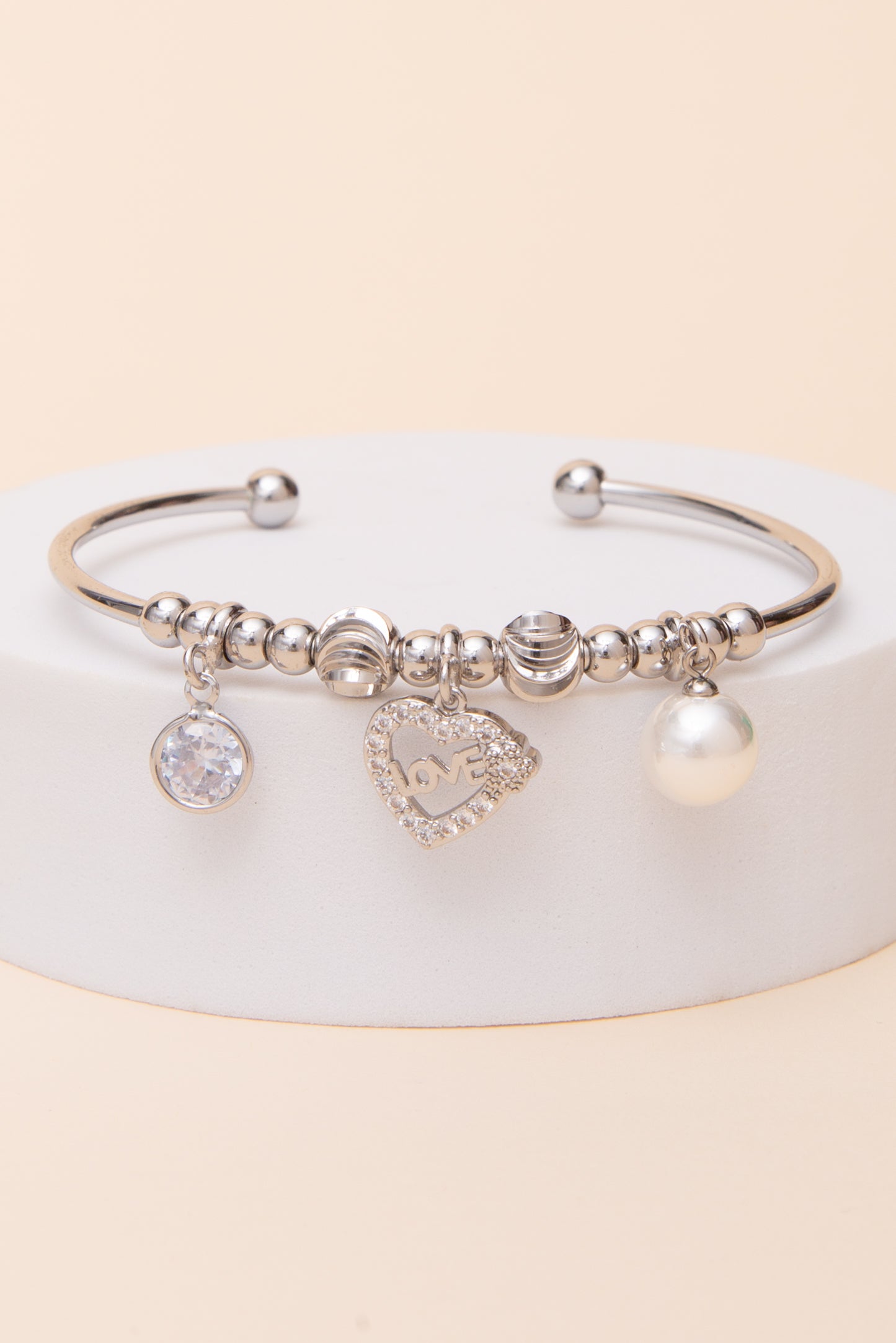 Rebecca Cubic Zirconia Love Heart Charm Pearl Drop Cuff Bracelet