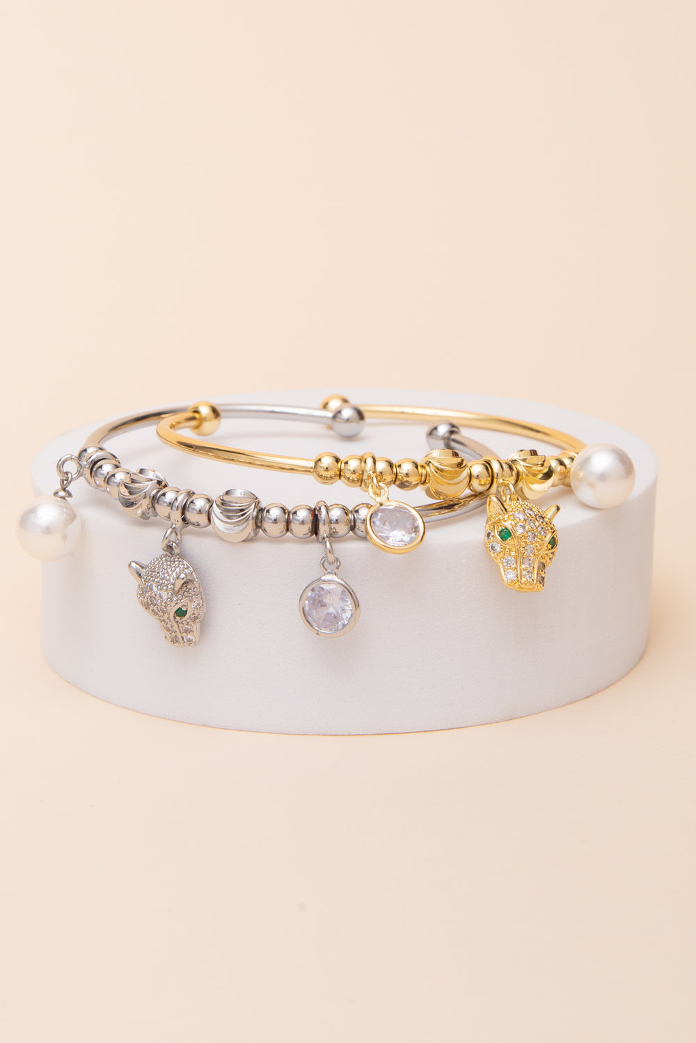 Julianna Multi Charm Cuff Bracelet with Cubic Zirconia Leopard Head
