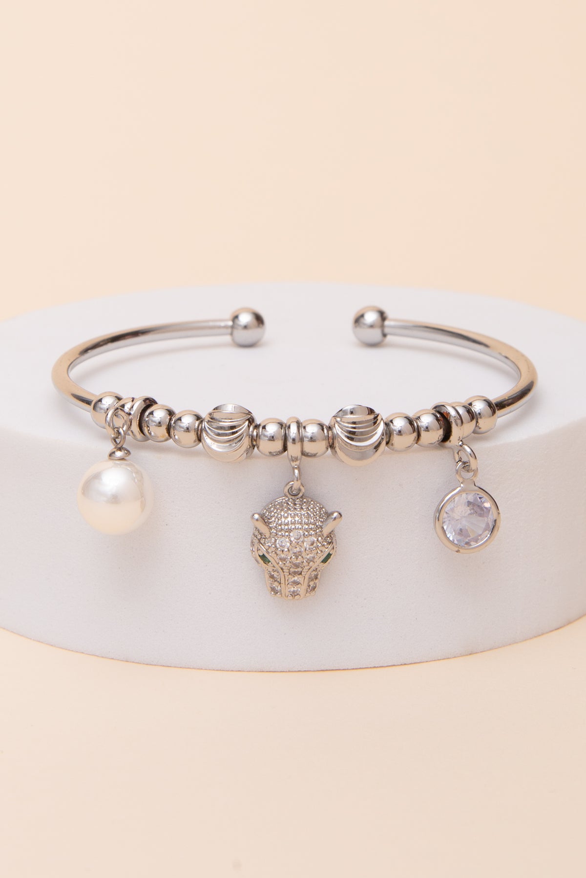 Julianna Multi Charm Cuff Bracelet with Cubic Zirconia Leopard Head | Silver