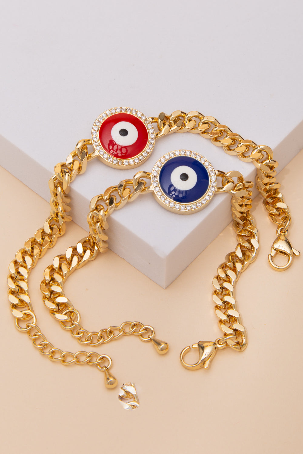 Serena Cubic Zirconia Enamel Evil Eye Disc Curb Chain Bracelet